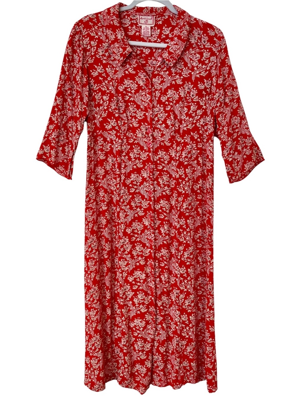 APRIL CORNELL Ditsy Floral Midi Dress M Red Vintage Romantic Cottagecore Retro